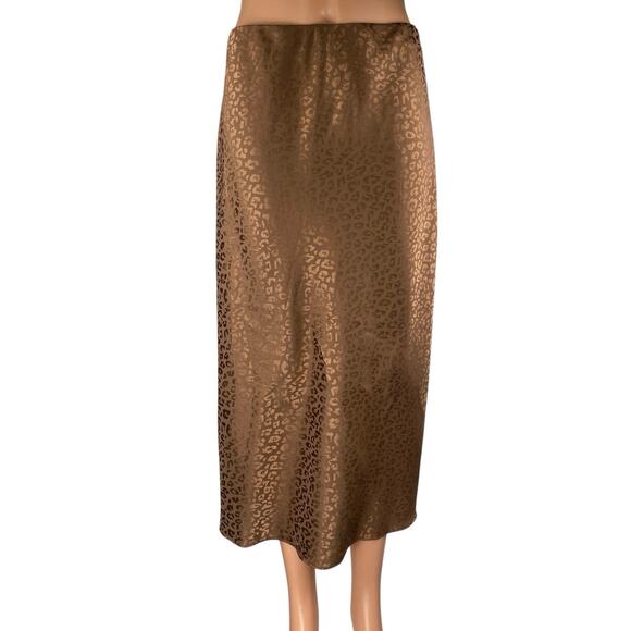 Mi Ami Women's Brown Metallic Silky Satin Leopard Print Midi A-Line Skirt Size L - Picture 1 of 5